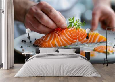 Chef finishing plate with delicious salmon almost ready to serve at the table : Generative AI Wall mural