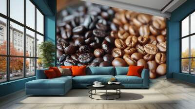 Close up Different levels types of roasting coffee beans arabica on a plate starting from the left from the darkest strong roasting to the right to the lightest raw coffee beans Milan  : Generative AI Wall mural