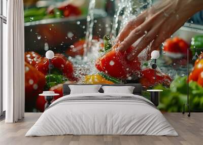 Close up hand of asian young housekeeper woman washing sweet pepper green paprika vegetables with splash water in basin of water on sink in kitchen preparing fresh salad cooking meal H : Generative AI Wall mural