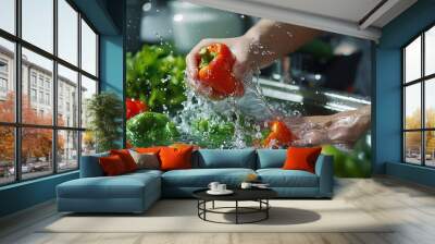 Close up hand of asian young housekeeper woman washing sweet pepper green paprika vegetables with splash water in basin of water on sink in kitchen preparing fresh salad cooking meal H : Generative AI Wall mural