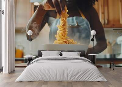 Close up of unrecognizable black woman mixing pasta in bowl while cooking in cozy kitchen copy space : Generative AI Wall mural