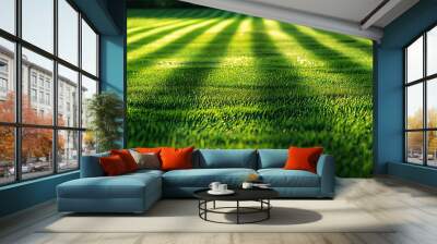 Closeup green grass natural greenery texture of lawn garden Stripes after mowing lawn court Concept natural green background lawn for training football pitch Golf Courses green lawn pa : Generative AI Wall mural