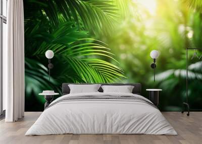 closeup of lush green tropical vegetation jungle with palm leaves in sunshine beauty in tropical nature banner concept for wallpaper travel vacation : Generative AI Wall mural