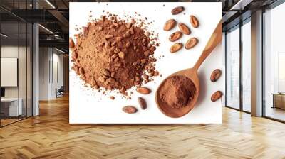 Cocoa drink and cocoa powder in wooden spoon isolated on white background Top view Flat lay : Generative AI Wall mural