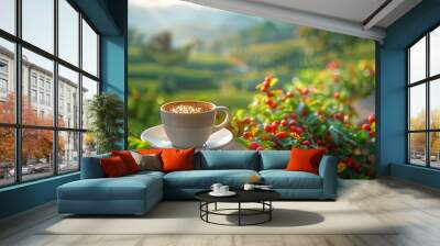 Coffee cup Coffee Plantation Coffee beans background Coffee area landscape Dalat Vietnam : Generative AI Wall mural