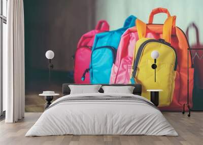 Colourful children schoolbags on wooden floor. Backpacks with school accessories : Generative AI Wall mural