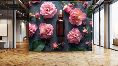 Composition with pure natural organic rose essential oil in glass bottle, luxury perfumery ingredient for fragrance, skin care products, anti-age beauty treatment. Fresh flowers banner : Generative AI Wall mural