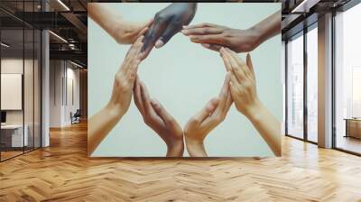 Conceptual symbol of multiracial human hands making a circle on white background with a copy space in the middle The concept of unity cooperation partnership teamwork and charity : Generative AI Wall mural