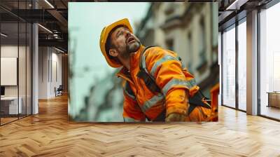 Construction worker suffering back ache and complaining trying to lift a work carrycot : Generative AI Wall mural