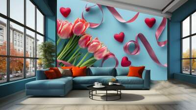 Convey heartfelt greetings on Womans Day with picturesque arrangement top view tulips hearts and a silk ribbon shaped into an 8 creating a celebratory scene against a soothing pastel b : Generative AI Wall mural