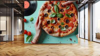 Cook or dj Food pop art photography Female hands with italian pizza lying on vinyl discs on light tablecloth isolated on green background Vintage retro style interior Complementary col : Generative AI Wall mural