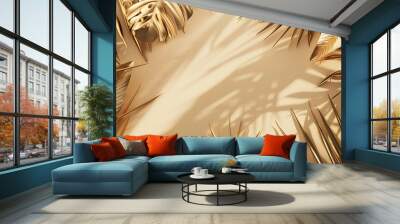 Creative layout made of colorful and golden tropical leaves and palms on beige background Minimal summer exotic concept with copy space Border arrangement background : Generative AI Wall mural