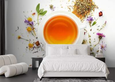 Creative layout made of cup of herbal tea on a white background Top view : Generative AI Wall mural