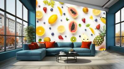 Creative layout made of fruits Flat lay Plum apple strawberry blueberry papaya pineapple lemon orange lime kiwi melon apricot pitaya mango and carambola on the white background : Generative AI Wall mural