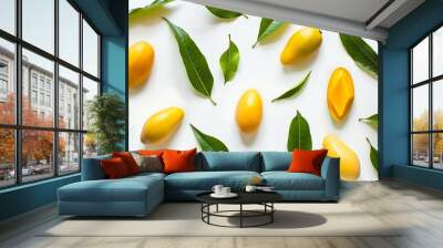 Creative layout made of mango and leaves Flat lay Food concept Mango on white background : Generative AI Wall mural