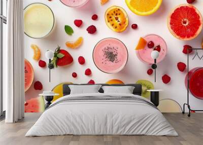 Creative layout made of smoothies and fruits around Flat lay Food concept Smoothies on the white background with watermelon strawberries apricot orange raspberry dragonfruit and grapef : Generative AI Wall mural