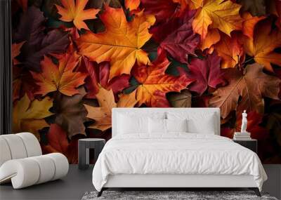 Creative layout of colorful autumn leaves Flat lay Season concept : Generative AI Wall mural