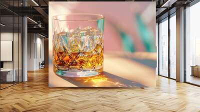 Creative party concept crystal glass with whisky Minimal scene strong drink on beige pink and green background : Generative AI Wall mural