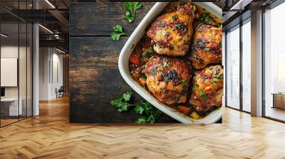 Crispy fried chicken thighs prepickled in herbs on the white dish top view fragment located left on the old rustic table : Generative AI Wall mural