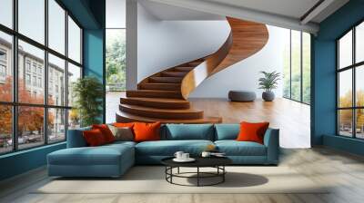 Curve wooden stairs in spacious living room : Generative AI Wall mural