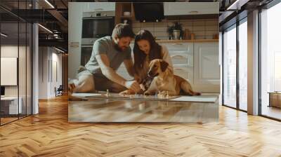 Dad and daughter are playing a board game in the kitchen sitting on the floor A dog is lying nearby Scandinavian and hightech style in the interior Family leisure : Generative AI Wall mural