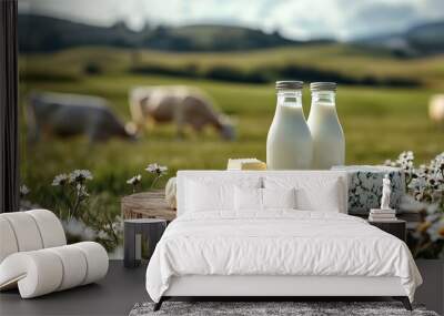 Dairy products Bottles of milk cottage cheese yogurt various cheese mozzarella butter on wooden table on meadow with grazing cows background : Generative AI Wall mural