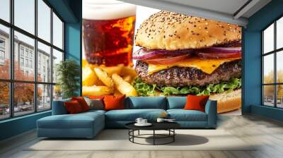 Delicious cheeseburger with cola and potato fries on the white background Fast food concept File contains clipping path : Generative AI Wall mural