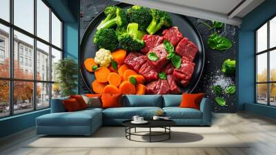 Delicious fresh beef and vegetables carrots broccoli cauliflower on a black plate on a dark concrete background : Generative AI Wall mural