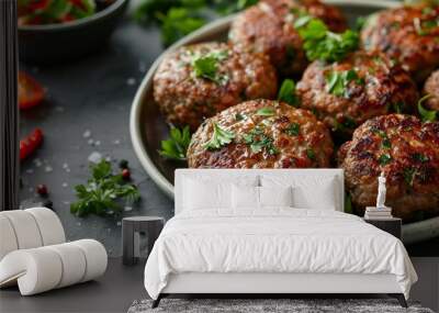 Delicious minced pork and beef cutlets on plate over light background Comfort food Top view flat lay : Generative AI Wall mural