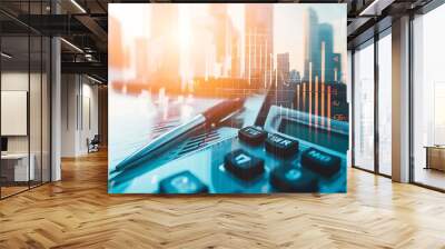 Double exposure of city and pen, calculator , money , graph for finance and business concept : Generative AI Wall mural