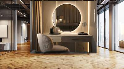 Dressing table with elegant round mirror Interior design and home staging : Generative AI Wall mural