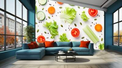 Eating pattern with raw ingredients of salad lettuce leaves cucumbers red tomatoes carrots celery and seeds on white background : Generative AI Wall mural