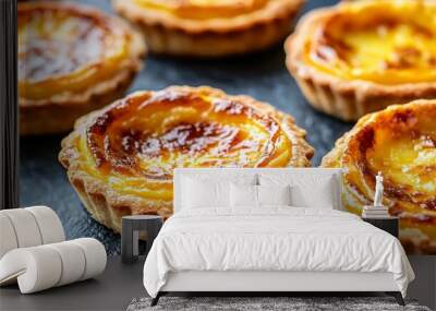 Egg tart traditional Portuguese dessert pastel de nata Blue textile background : Generative AI Wall mural