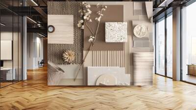 Elegant  flat lay composition in brown and beige color palette with textile and paint samples lamella panels and tiles Architect and interior designer moodboard Top view Copy space : Generative AI Wall mural