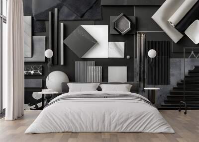 Elegant  flat lay composition in grey and black color palette with textile and paint samples lamella panels and tiles Architect and interior designer moodboard Top view Copy space : Generative AI Wall mural