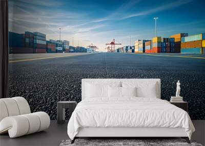 Empty asphalt road and container port background : Generative AI Wall mural