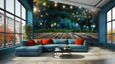 empty brown wooden floor or wooden terrace with abstract night light bokeh of night festival in garden blurred background copy space for display of product or object presentation vinta : Generative AI Wall mural