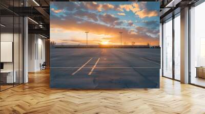 Empty parking lot against arid area and beautiful sunset sky : Generative AI Wall mural