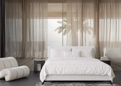 Empty room in luxury summer beach house with sea view behind curtains Tropical architecture interior design with neutral color material Minimal natural aesthetic background : Generative AI Wall mural