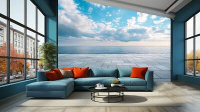 Empty square floor and blue sea with sky clouds background : Generative AI Wall mural