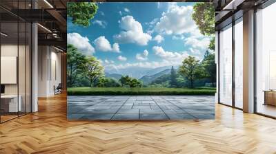 Empty square floor and green forest with sky clouds background Panoramic view : Generative AI Wall mural