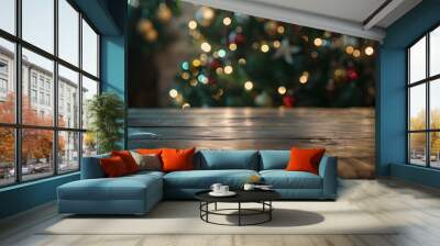 empty table in front of christmas tree with decoration background : generative ai Wall mural