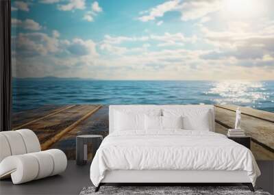 Empty wooden table or pier with sunny beach and sea on background With copy space for your product : Generative AI Wall mural