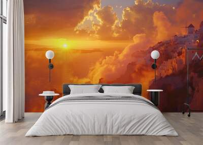 Europe summer destination Traveling concept sunset scenic famous landscape of Santorini island Oia Greece Caldera view colorful clouds dream cityscape Vacation panorama amazing outdoor : Generative AI Wall mural