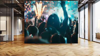 Excited audience watching confetti fireworks and having fun on music festival at night Copy space : Generative AI Wall mural