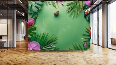 Exotic jungle summer frame Summer beach party concept Pink flamingo tropical leaf monstera and orchid flowers on green background Flat lay copy space : Generative AI Wall mural