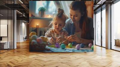 Fairy evening Young mother sitting at home with her little daughter painting eggs for Easter holiday Preparation Happiness Concept of holiday Easter family motherhood and childhood : Generative AI Wall mural