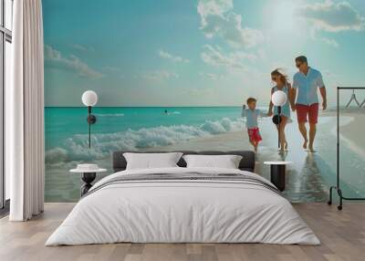 Family beach and happy in cancun vacation in summer with smile laugh and love together walking on the sand Laugh bonding and chasing joy while men women and kids playing on holiday tra : Generative AI Wall mural