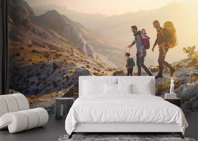 Family hiking parents with child outdoor travel in mountains active vacations lifestyle mother and father backpacking together with baby in Turkey : Generative AI Wall mural