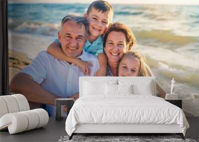 Family portrait and happy smile on the beach with children and parents on sand in the sun Summer fun of kids mother and man by the ocean water and waves with happiness and quality time : Generative AI Wall mural